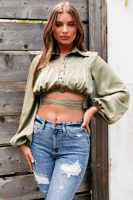 Don’t Miss Out Elowen Silk Button Down Collared Crop Top (Olive)