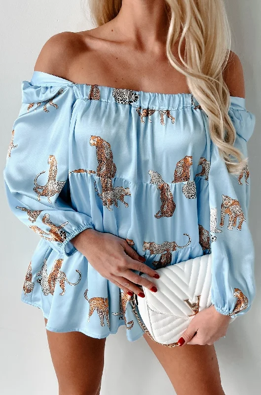 Year-End Sale Fearless Feline Satin Leopard Print Top (Light Blue)