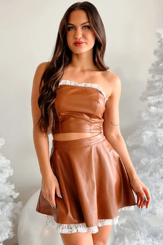 Lowest Price DOORBUSTER Flirty Tendencies Ruffle Lace Faux Leather Tube Top (Brown)