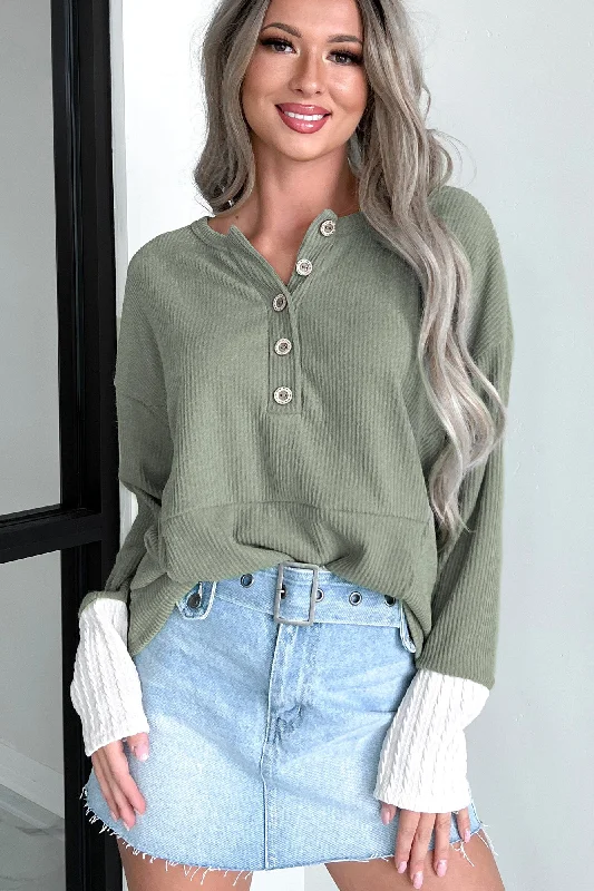 Huge Discounts Forcing The Issue Mixed Knit Oversized Henley Top (Olive)