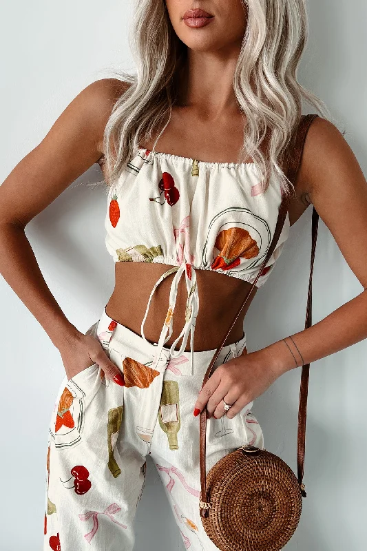 Major Savings French Bistro Printed Drawstring Crop Top (Ivory)