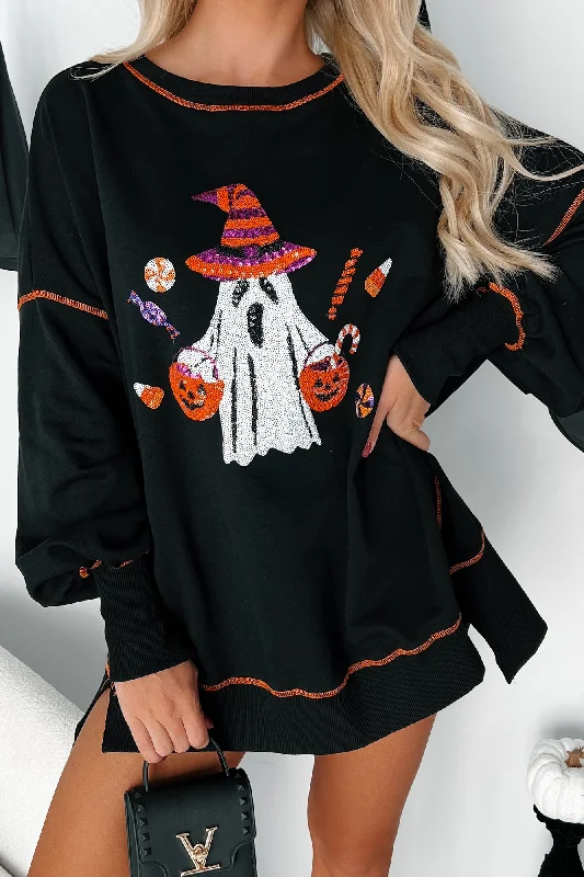 New Deals Friendly Spookies Sequin Halloween Crewneck (Black)