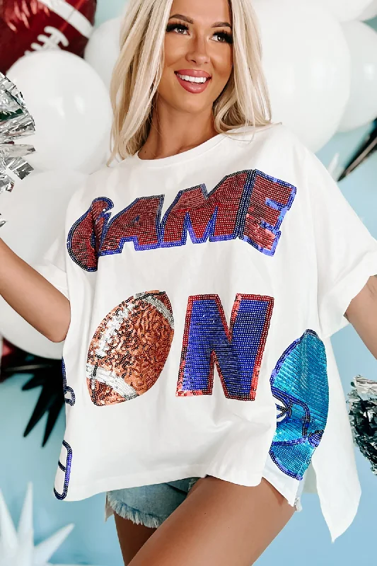 Seasonal Sale "Game On" Oversized Sequin Graphic Top (White)