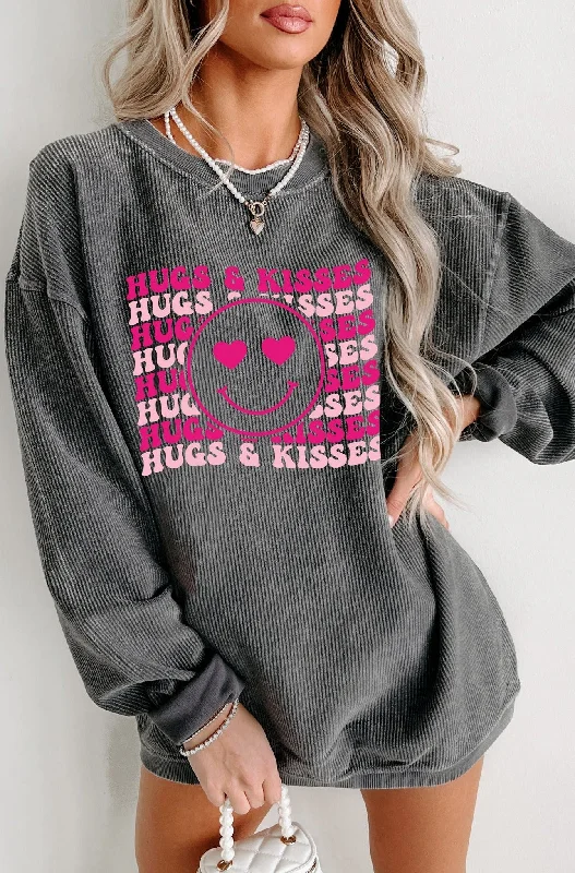 Discount Deals "Hugs & Kisses" Corded Graphic Crewneck (Charcoal) - Print On Demand
