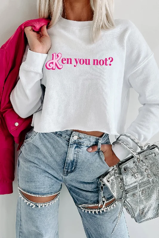 Instant Savings "Ken You Not?" Raw Hem Crop Graphic Crewneck (White) - Print On Demand