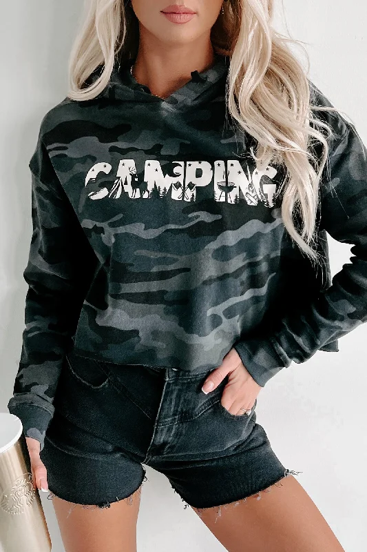 Limited Time Offer Let's Camp Cropped Graphic Hoodie (Black Camo) - Print On Demand