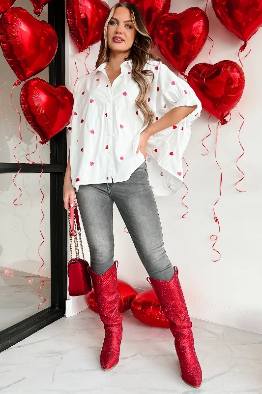Flash Sale Lovestruck Babe Heart Embroidered Oversized Button-Down (White)
