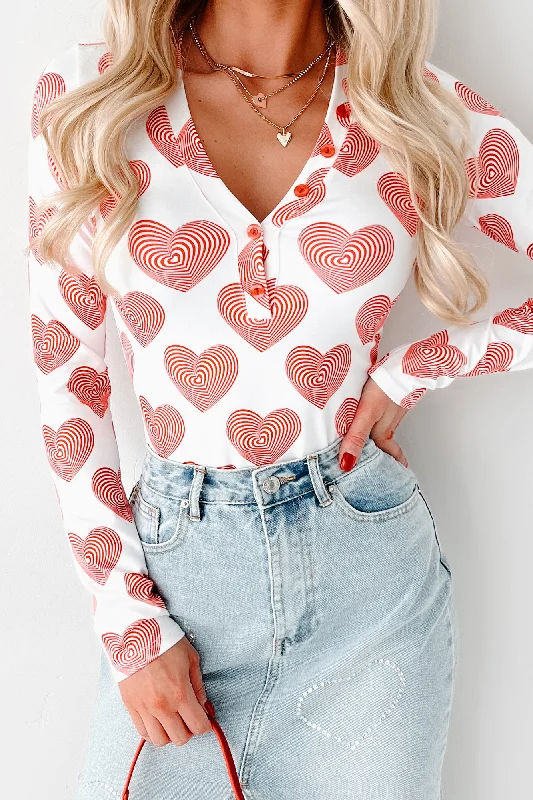 Year-End Sale Madly In Love Spiral Heart Print Long Sleeve Bodysuit (Red/White)