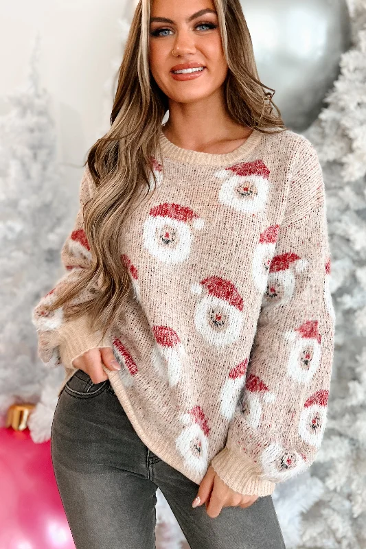Limited Time Man With The Hat Fuzzy Santa Pattern Sweater (Oatmeal)