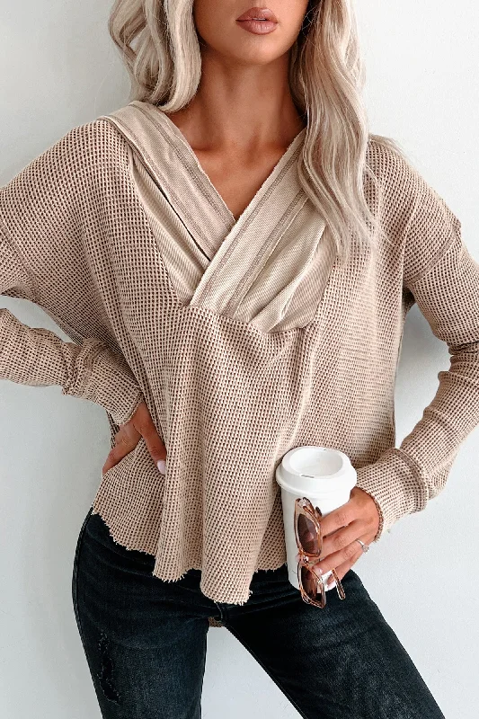 Stock Up and Save Maple Lane High-Low Hooded Waffle Top (Vintage Latte)