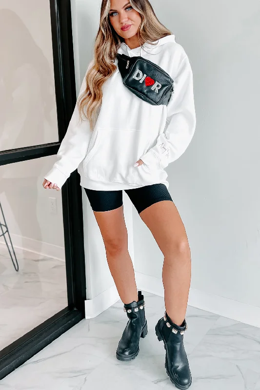 Price Reduction "NanaMacs XOXO" Graphic Hoodie (White/Taupe Text-Sleeve) - Print On Demand
