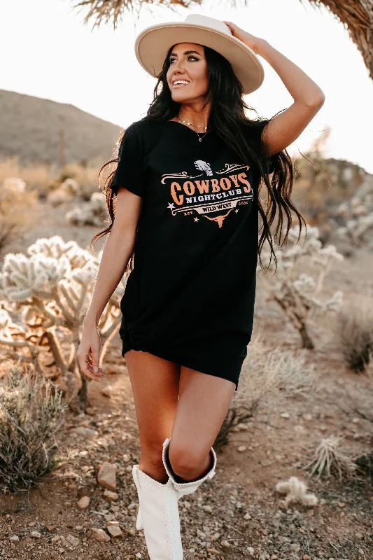 Deal Explosion "Cowboys Night Club" Graphic T-Shirt Dress (Black) - Print On Demand