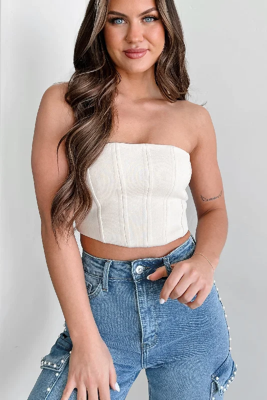 Super Sale Playing The Player Strapless Lace-Up Crop Corset Top (Ecru)