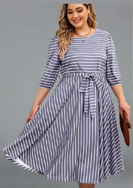 Low Prices Plus Size Round Neck Striped Tie Waist Dress