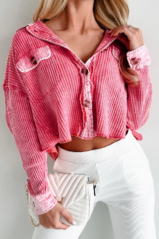 Big Savings Promise Of Fall Acid Wash Waffled Crop Shacket (Fuchsia)
