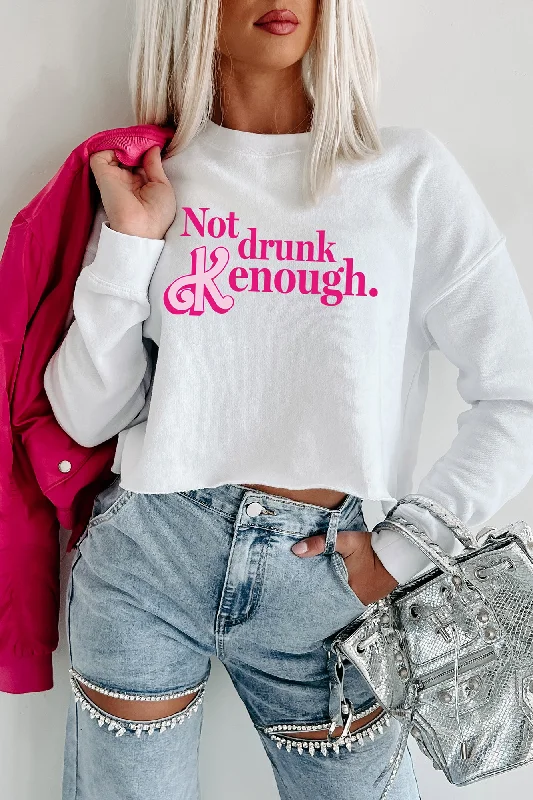 Deal Frenzy "Not Drunk Kenough" Raw Hem Crop Graphic Crewneck (White) - Print On Demand