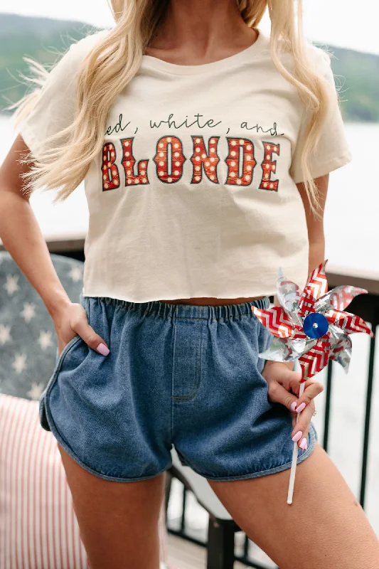 Discount Deals "Red, White, and Blonde” Graphic Crop Tee (Cream) - Print On Demand