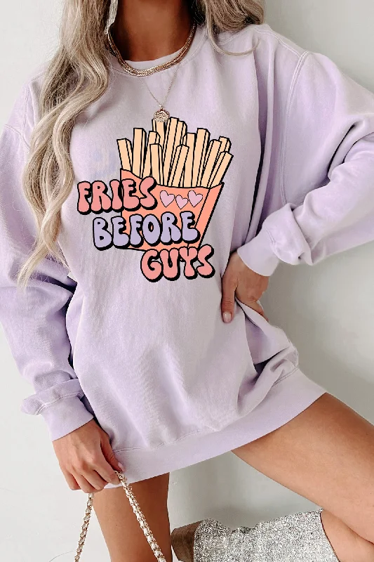 Best Bargains Retro "Fries Before Guys" Graphic Crewneck (Orchid) - Print On Demand