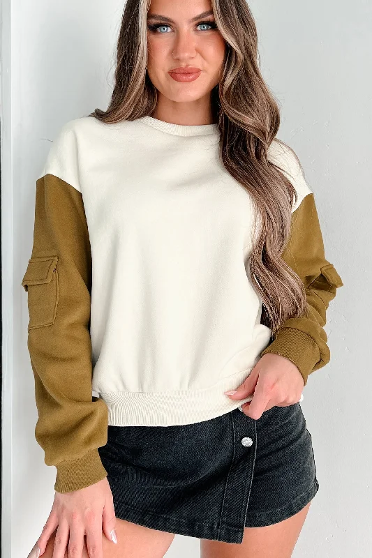Year-End Sale Rhythm Of The Streets Colorblock Pocket Sleeve Sweatshirt (Ivory/Green)