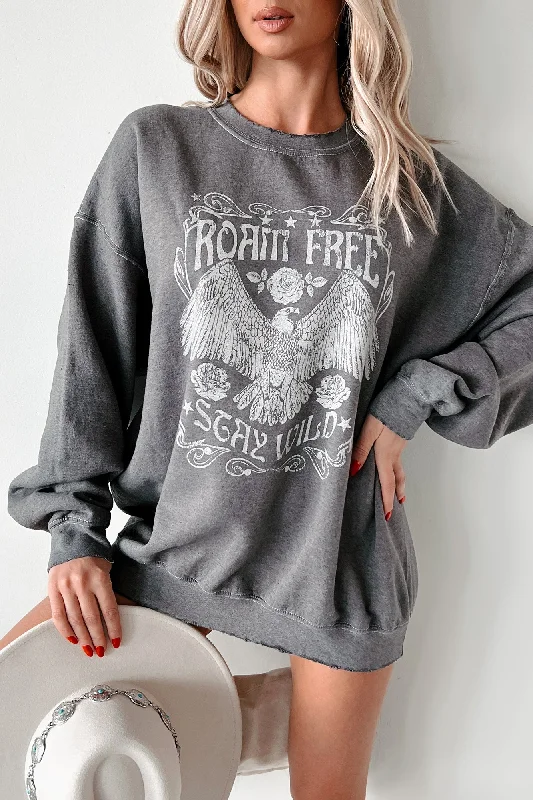 Limited Quantity "Roam Free" Oversized Distressed Graphic Sweatshirt (Charcoal)