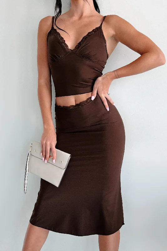 Mega Sale Romantic Designs Lace Trim Crop Top & Skirt Set (Espresso)