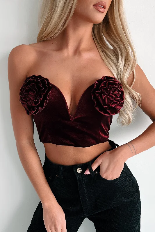 Flash Deals Rose To The Occasion Velvet Rosette Crop Top (Wine)