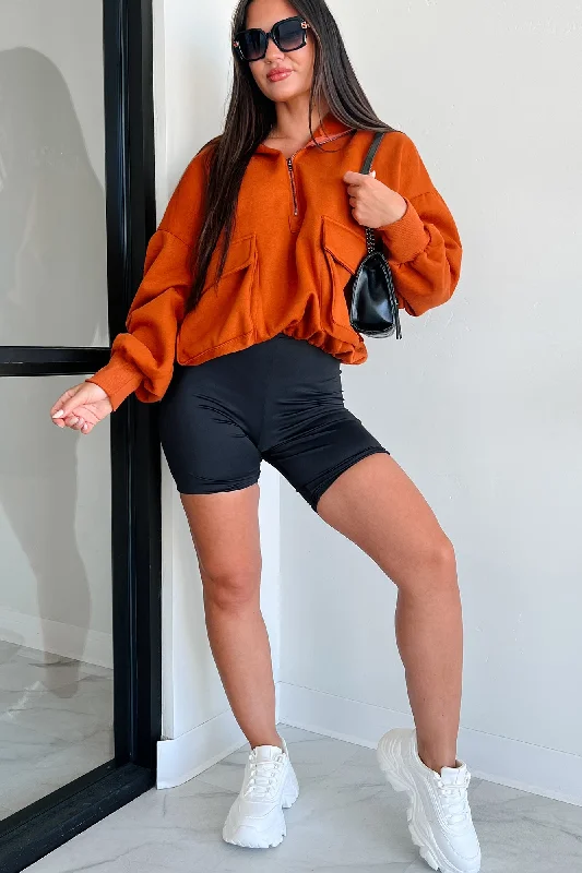 Warehouse Sale She's Cool Cargo Pocket Half-Zip Hoodie (Vintage Rust)