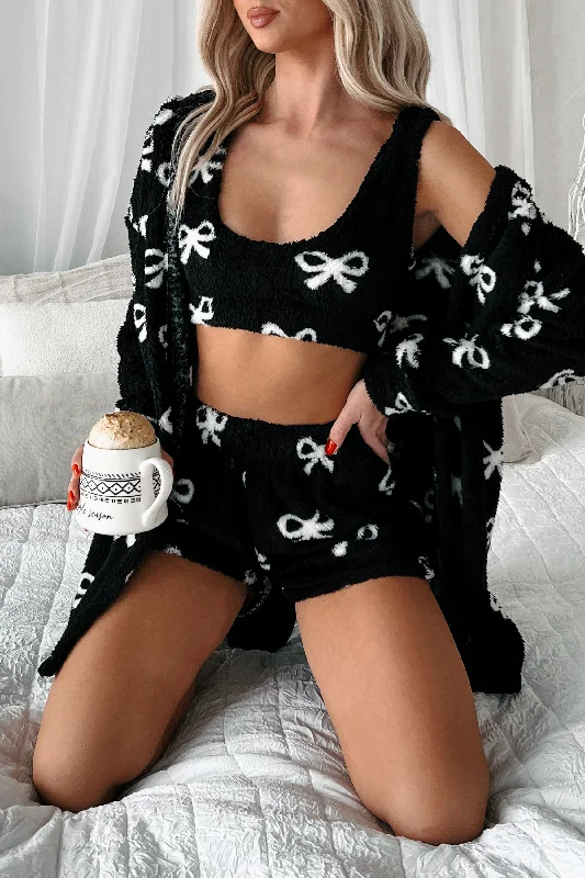 Crazy Savings DOORBUSTER Simply The Sweetest 3 Piece Sherpa Lounge Set (Black Bow)