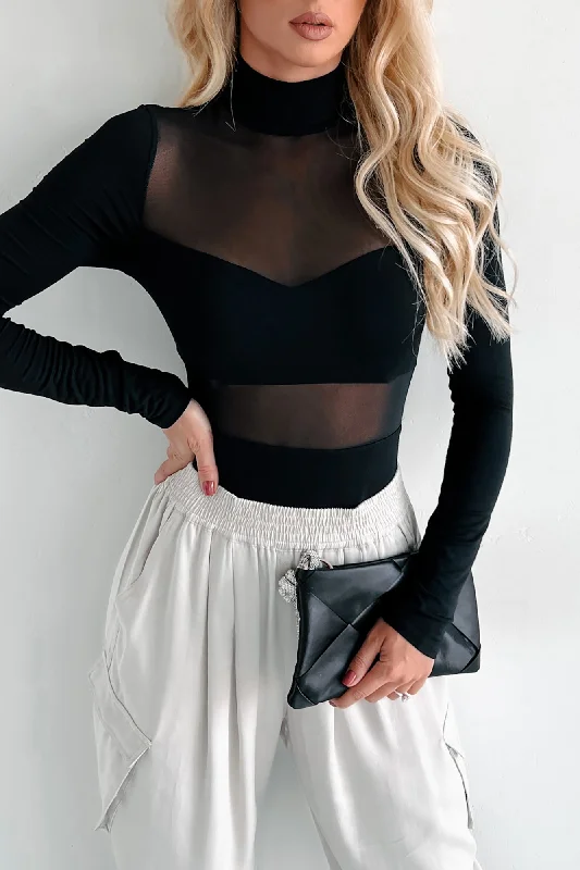 Daily Deals Sultry Persona Mock Neck Mesh Detail Bodysuit (Black)