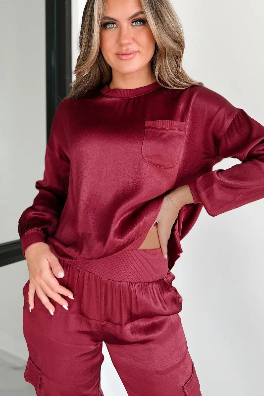 Big Discounts Taking What's Owed Satin Long Sleeve Top (Maroon)