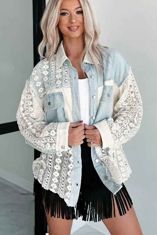 Steals and Deals Unique & Interesting Lace Crochet Button-Down Shirt (Denim)