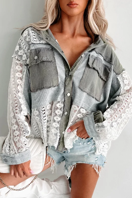 Super Bargain Unique & Interesting POL Lace Crochet Button-Down Shirt (Dusty Grey)