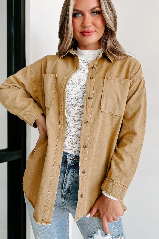 Steals and Deals Waving Goodbye Vintage Wash Oversized Shacket (Khaki)