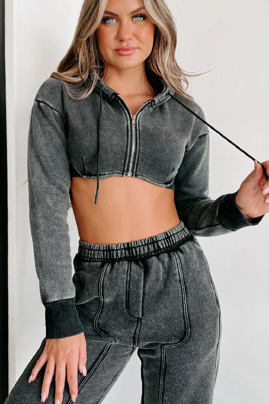 Can't Miss You're Gonna Miss Me Mineral Wash Crop Zipper Hoodie (Washed Black)